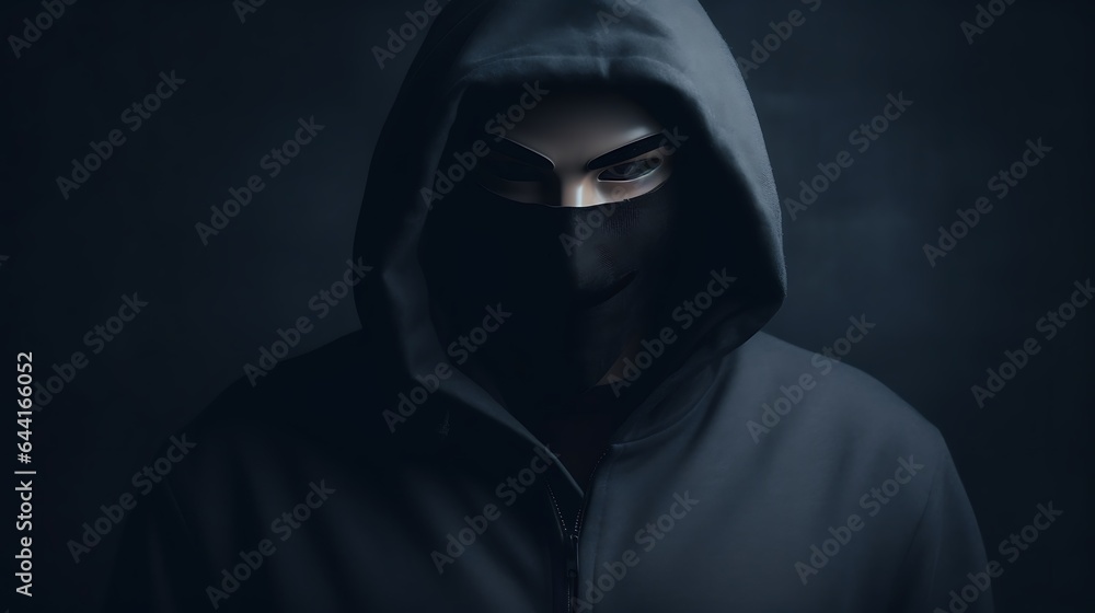 Close-up face of anonymous hacker With a mask - Hacking Concept with a dark background, cybersecurity, cybercrime, cyberattack, dark background concept. Close-up face of anonymous hacker With a mask - Hacking Concept with a dark background, cybersecurity, cybercrime, cyberattack, dark background concept.