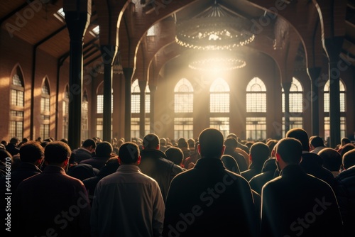 A crowd of people in a mosque at prayer.