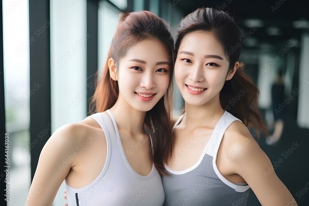 slim and beautiful korean women fitness friends are smiling happily in an active pose in sportswear. generative AI slim and beautiful korean women fitness friends are smiling happily in an active pose in sportswear. generative AI