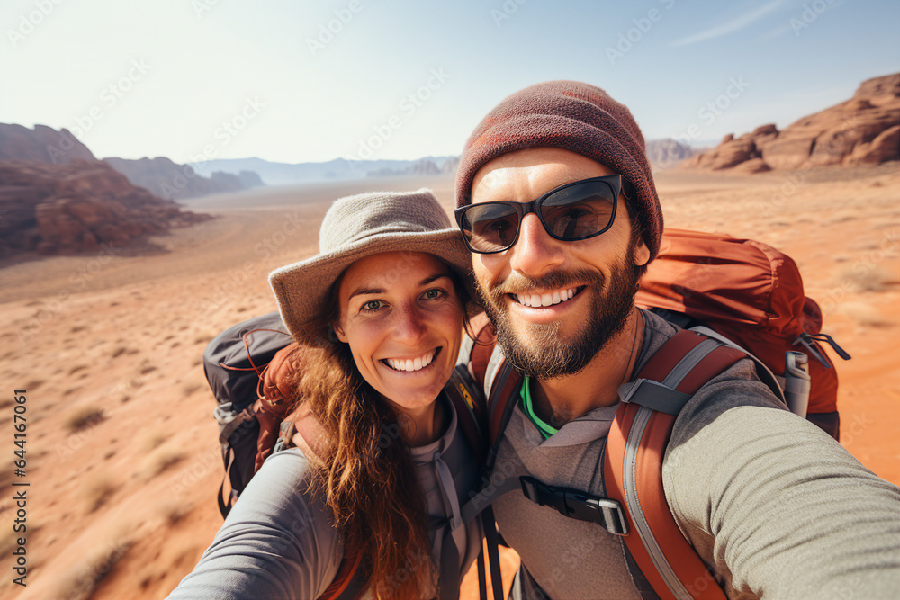 Generative AI illustration collage of wanderer couple traveling together summer mountains making selfies beautiful nature safari sand Generative AI illustration collage of wanderer couple traveling together summer mountains making selfies beautiful nature safari sand