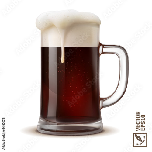 cold mug of dark beer with lush flowing foam, 3D realistic glass with handle