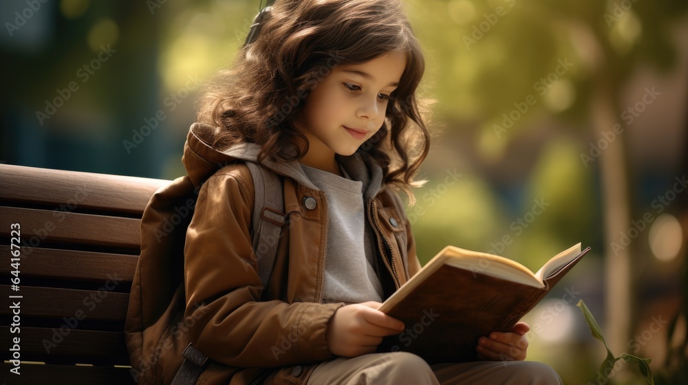 Kid girl is reading a book setting on a park bench. Generative AI Kid girl is reading a book setting on a park bench. Generative AI