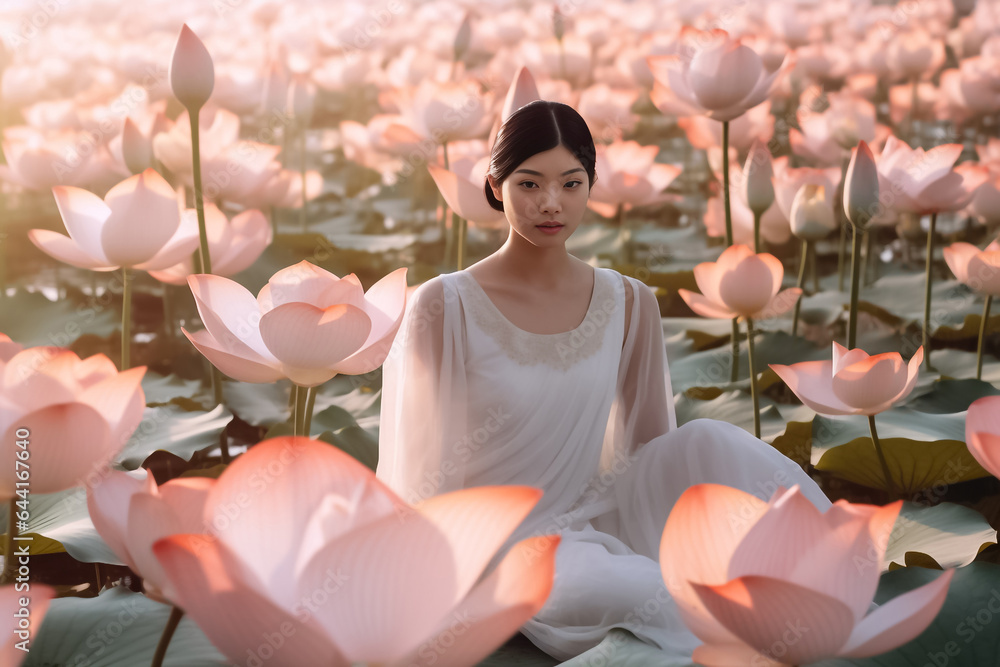 Fototapeta premium Portrait of beautiful woman wearing rose dress closed eye floating in blue river with dark and light pink lotus flower. Generative AI.