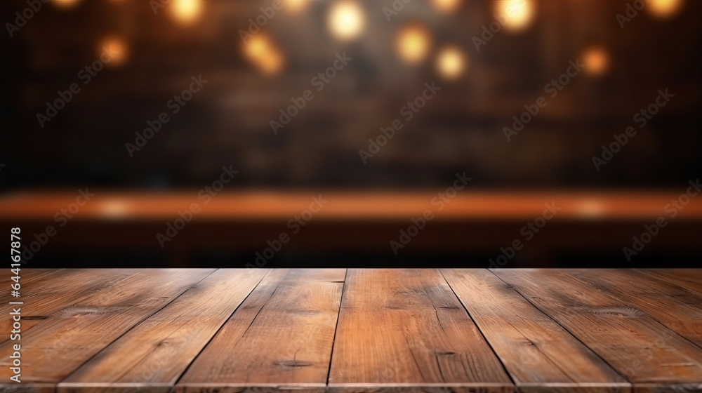 Empty wooden table and blurred bokeh copyspace background. Product display montage Empty wooden table and blurred bokeh copyspace background. Product display montage