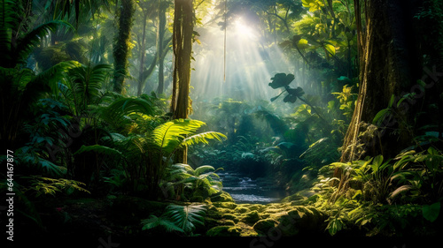Verdant rainforest teeming with lush plant life  natural sunlight. Generative AI