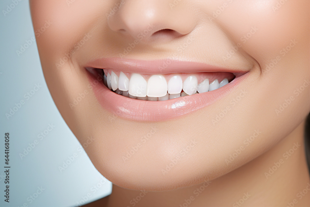 Obraz premium Generative AI concept close up cropped photo of woman mouth with perfect white bright smile and healthy teeth