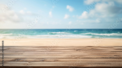 Empty wooden table on beach copyspace background. Product display montage © ReneLa/Peopleimages - AI