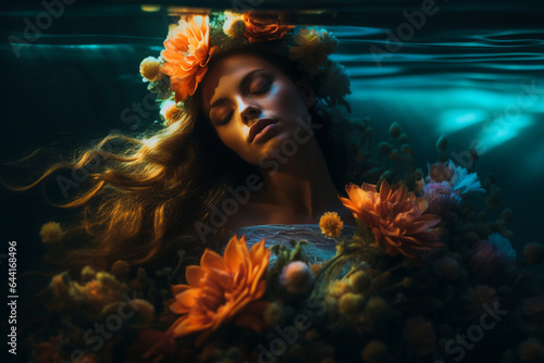 Ai generated picture image of beautiful woman with long hair experiencing bliss happiness dreamlike state euphoria meditation under water