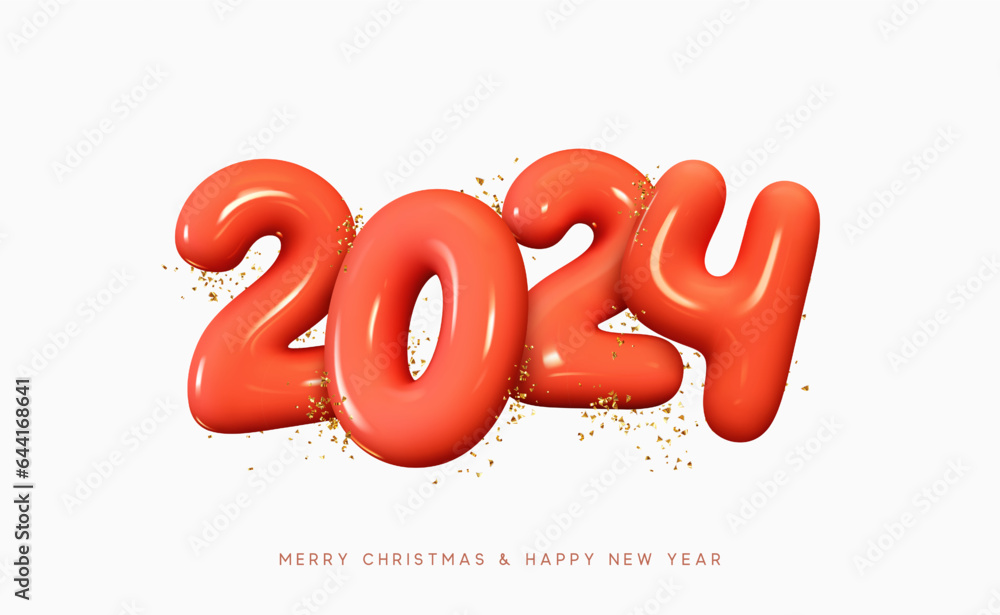 Happy New Year 2024. Number Realistic cartoon plastic 3d render with