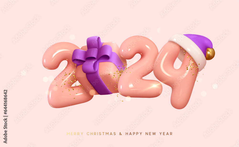 Happy New Year 2024 Number. Symbols realistic cartoon 3d render with