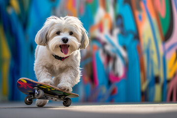 3D modern photography image of happy young white dog maltese riding skateboard generative ai concept isolated over graffiti background