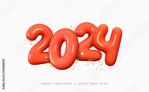 Happy New Year 2024. Number Realistic cartoon plastic 3d render with gold glitter. Christmas decoration. Celebrate party red sign 2024. New year Poster, banner, cover card, brochure, for flyer design