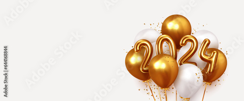 Happy New Year 2024. Realistic gold and white balloons. Background design metallic numbers symbols 2024 and helium ballon on ribbon, glitter golden bright confetti. Vector illustration