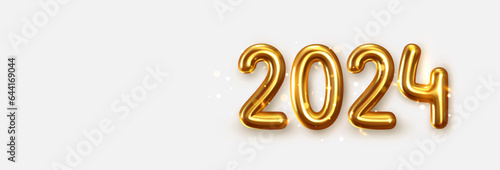 Happy New Year 2024. Golden realistic metallic 3d numbers with golden lights blur bokeh. Christmas horizontal poster, banner, cover card, brochure, flyer, layout design. Vector illustration