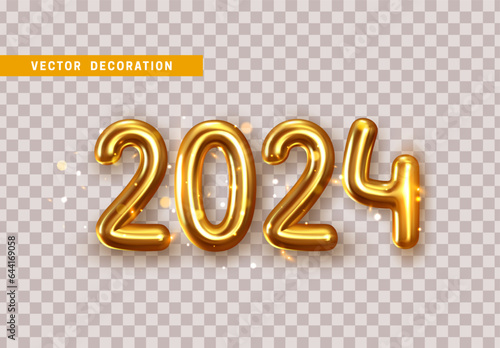 Happy New Year 2024. Golden metal numbers. Realistic 3d render signs. Luminous bright splash of gold bokeh lights. Isolated on transparent background. Vector illustration