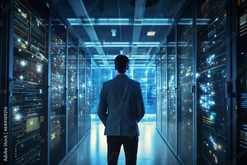 Generative ai collage image photo of professional it specialist analyzing data warehouse room Generative ai collage image photo of professional it specialist analyzing data warehouse room