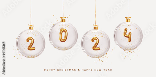 2024 Happy New Year. Golden metal number in glass Christmas balls hang on ribbon. Realistic 3d render metallic sign. Celebrate party 2024. Xmas Poster, web banner, header website. vector illustration