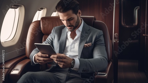 high-profile executive enjoying the comfort of a business class flight. © pvl0707