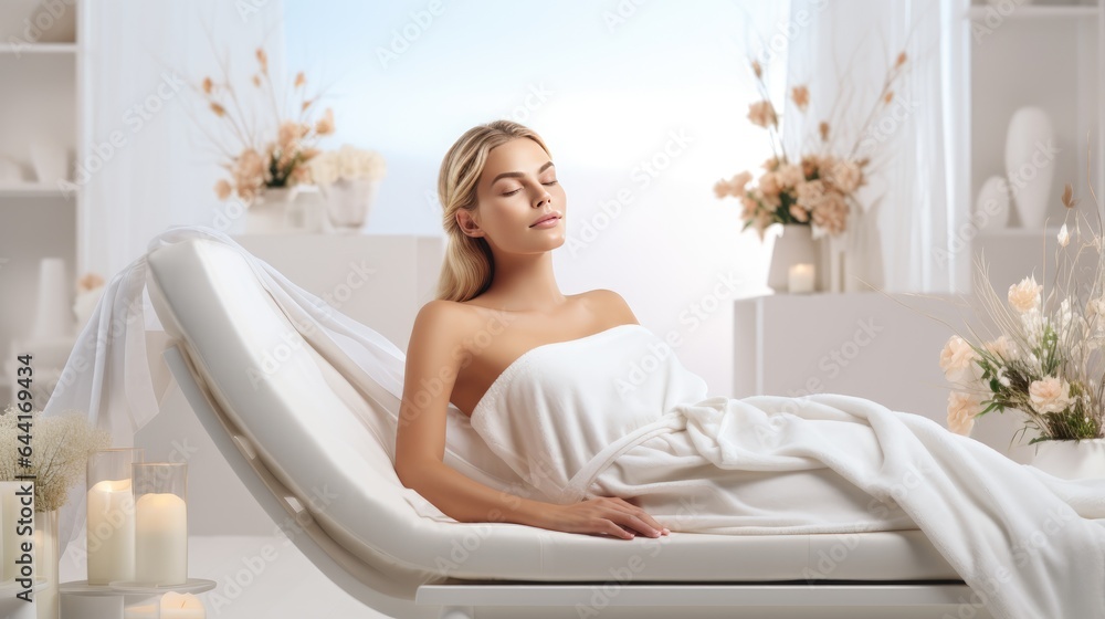 beautiful young woman reclining luxuriously on a spa bed surrounded by an array of premium beauty products in a white room. - obrazy, fototapety, plakaty 