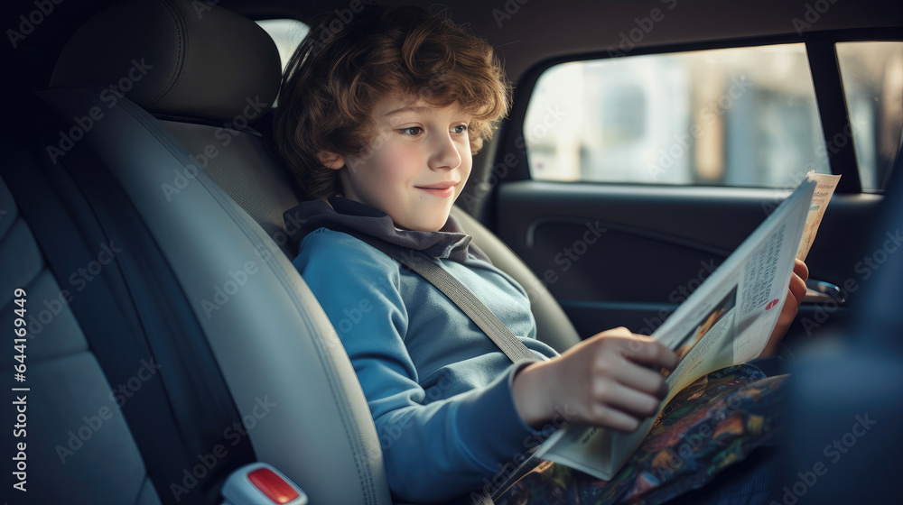 Kid is reading a book sitting in the back seat of a car. Generative AI