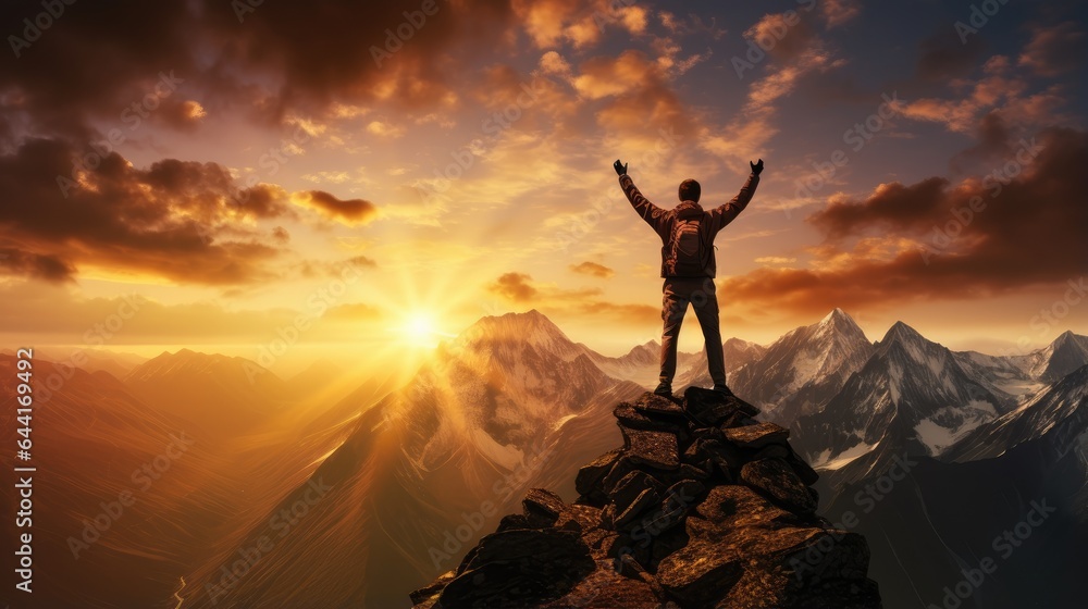 determined person reaching the top of a rugged mountain. His hands are raised triumphantly to the sky, emphasizing a sense of accomplishment and a positive attitude. - obrazy, fototapety, plakaty 