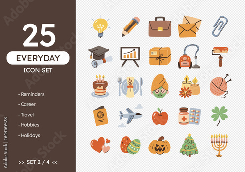 Everyday icon set. Hand-drawn daily life icons, perfect for calendars and daily planners. Colorful style. Appointments, hobbies, holidays, work, and travel. 25 icons. Set 2 of 4.
