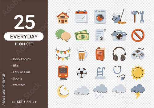 Everyday icon set. Hand-drawn daily life icons, perfect for calendars and daily planners. Colorful style. Daily chores, bills, hobbies, weather forecast... 25 icons. Set 3 of 4.