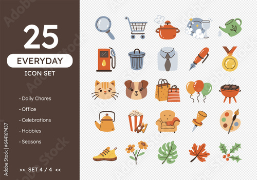 Everyday icon set. Hand-drawn daily life icons, perfect for calendars and daily planners. Colorful style. Daily chores, pets, parties, seasons, and celebrations. 25 icons. Set 4 of 4.