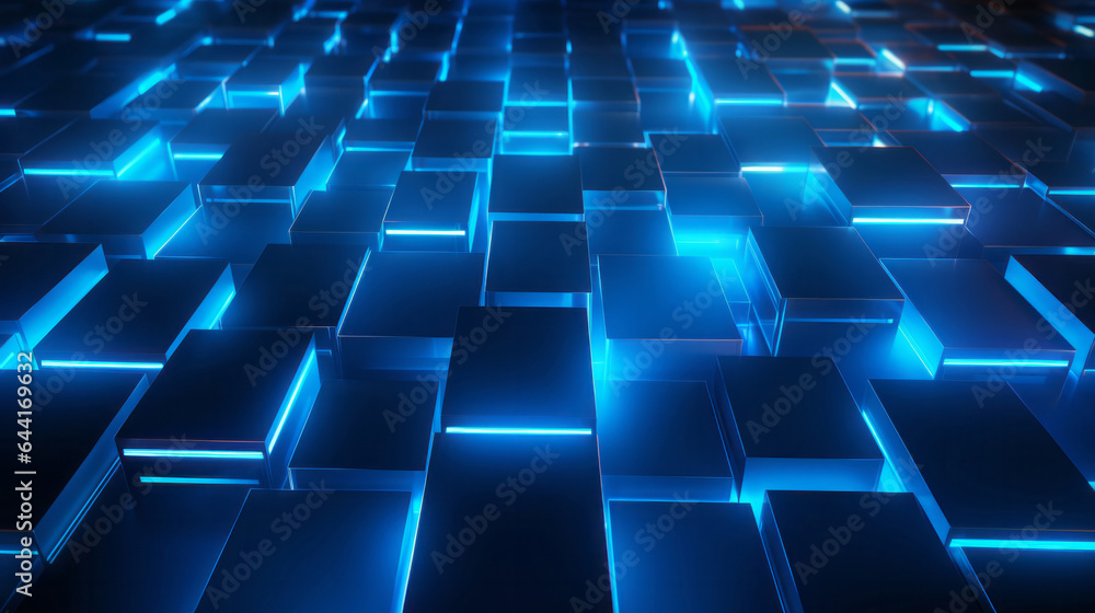 Background abstract blue technology box floor cyberspace with glowing cubes and neon lights Background abstract blue technology box floor cyberspace with glowing cubes and neon lights