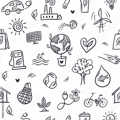 Vector pattern from a collection of environmental symbols drawn by hand in the style of a doodle