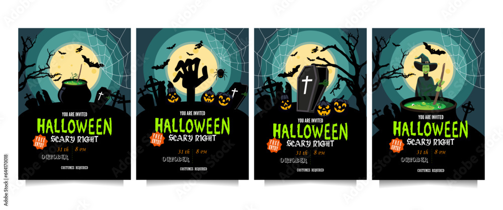 Halloween party invitations or greeting cards set with handwritten text, zombies, pumpkins, witches, graves and bats
