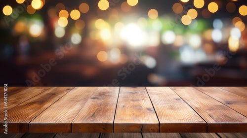 Empty wooden table and blurred bokeh copyspace background. Product display montage