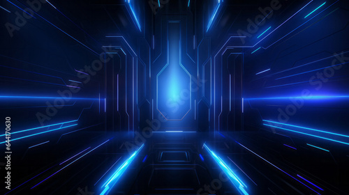 Futuristic room dark blue spaceship interior with glowing neon tunnel lights