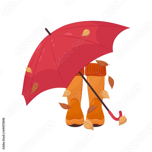 Vector illustration of autumn composition. Yellow rubber boots under an umbrella strewn with dry leaves.