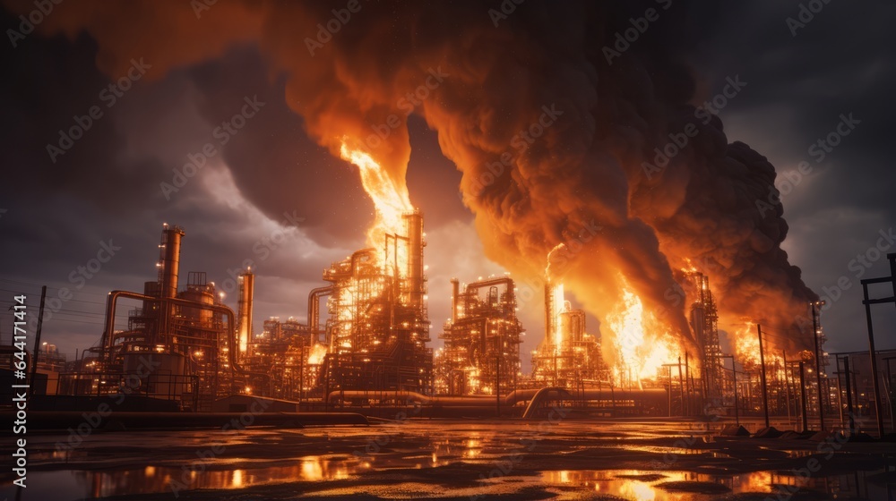 Oil refinery on fire.