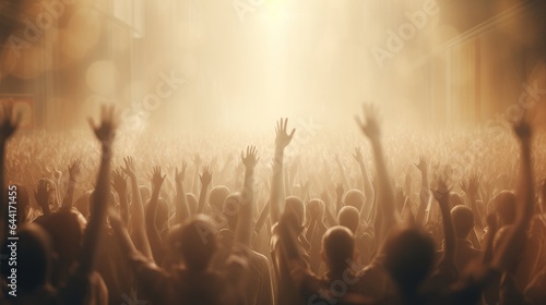 Photo of a lively crowd raising their hands in excitement