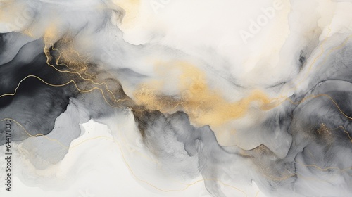 Abstract grey art with gold a?" black and white background with beautiful smudges and stains made with alcohol ink and golden paint. Grey fluid texture resembles marble, smoke, watercolor or aquarelle