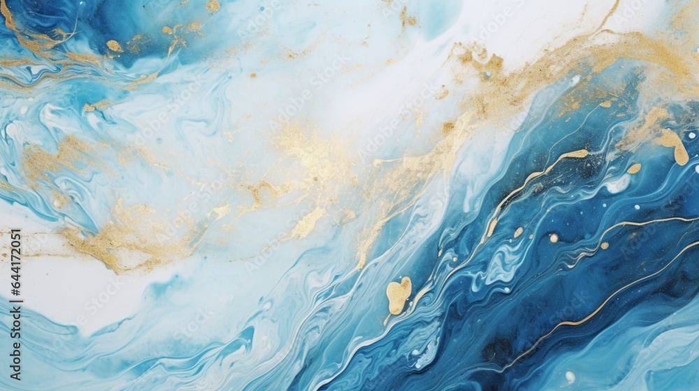 Abstract luxury marble background. Digital art marbling texture. Blue, gold and white colors