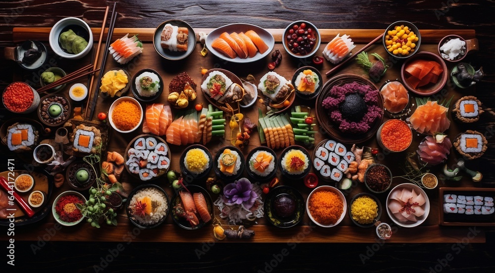seafood on the table, seafood with sushi on the table, designed seafood close-up, japanese food on the table - obrazy, fototapety, plakaty 