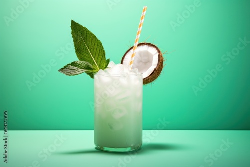 cocktail with coconut on a green background.