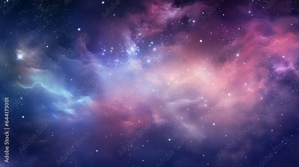 Abstract night sky with glitter sparkle stars and nebula, colorful blue and purple galaxy space universe background