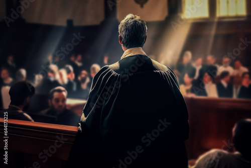Canvas Print Avocat avec sa robe, vu de dos au tribunal
