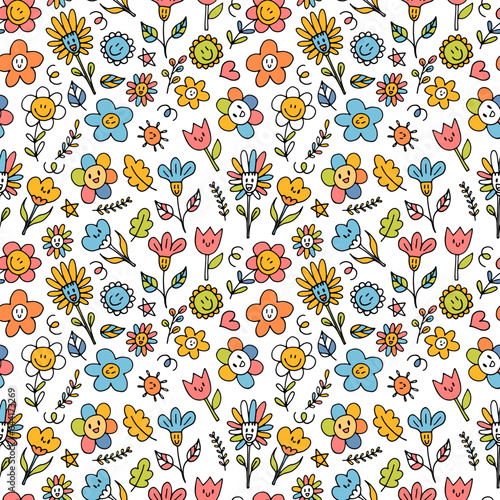 Cute seamless pattern with hand drawn happy flowers. Funny kawaii elements. Floral doodle background. Childish print