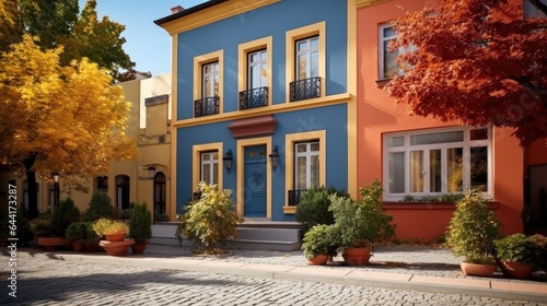 a vibrant hotel with balconies against the backdrop of traditional private townhouses decked out in rich autumn hues.