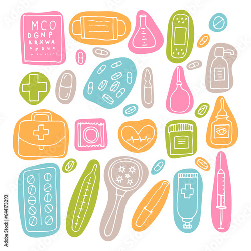 Hand drawn medicine icons. Health care, pharmacy, first aid. Outline design. Doodle style