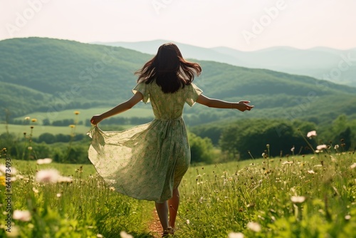 A young woman runs carefree over a beautiful flower meadow in sunshine. #644173493