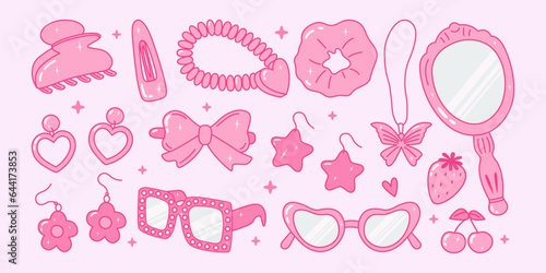 Pink glamour pack of y2k trendy accessories with hearts, stars, rhinestones, diamonds. Earrings, necklace, sunglasses, pin. Teen girl of 90s 2000s aesthetic. Cute nostalgia vector stickers