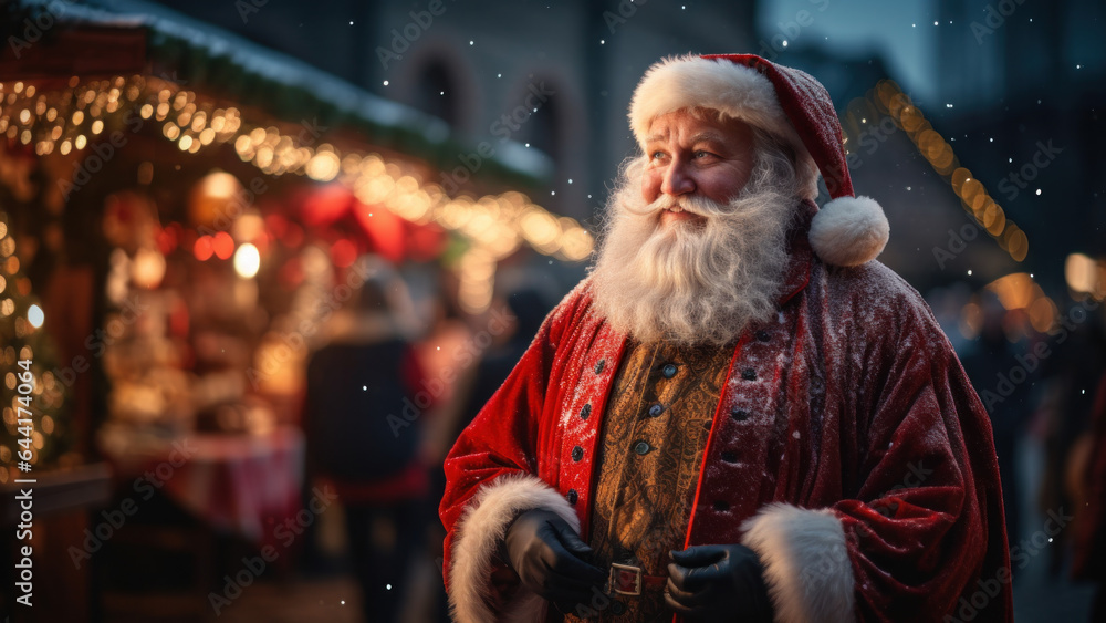 Santa Claus in Christmas market, bokeh lights in the background.