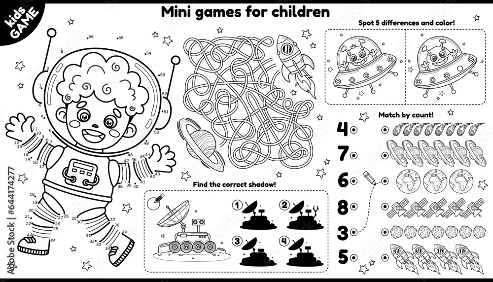 Vector space games placement for children. Kids outline set with astronaut, lunar rover,