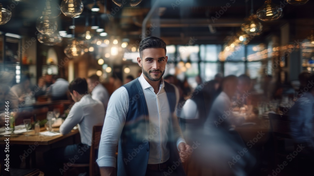 blurred background of a restaurant featuring chefs, waiters and patrons, showcasing the hustle and bustle of a lively diner